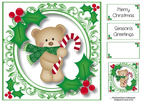 Christmas Teddy Bear & Candy Cane 8x8
