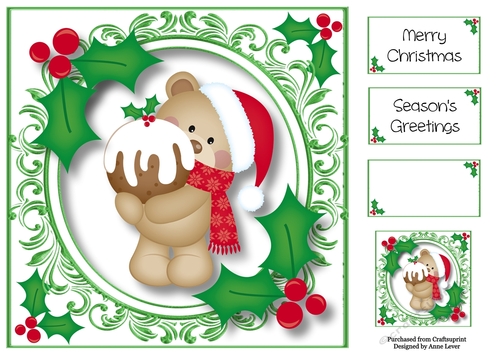 Christmas Teddy Bear & Xmas Pud 8x8
