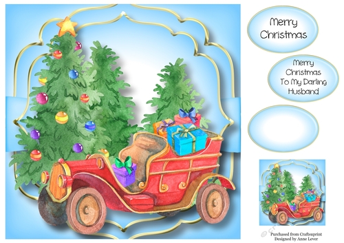 Christmas Vintage Car & Trees 8x8