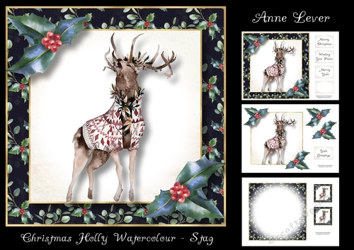 Christmas Holly Watercolour - Stag