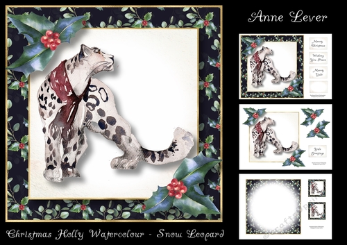 Christmas Holly Watercolour - Snow Leopard