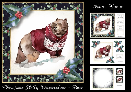 Christmas Holly Watercolour - Bear
