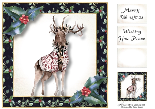 Christmas Holly Watercolour - Stag 8x8