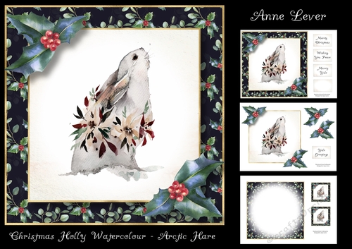 Christmas Holly Watercolour - Arctic Hare