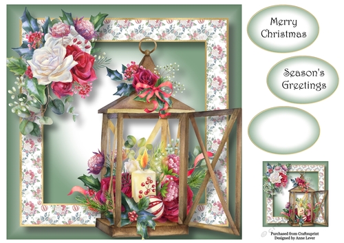 Beautiful Christmas Lantern - Holly & Roses 8x8