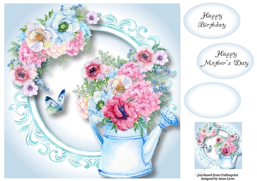 Watercolour Watering Can & Flowers 8x8