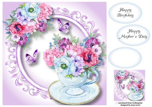 Watercolour Teacup & Flowers 2 8x8