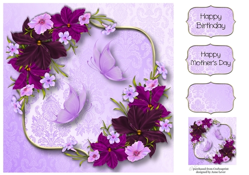 Purple & Pink Flowers With Butterflies 8x8