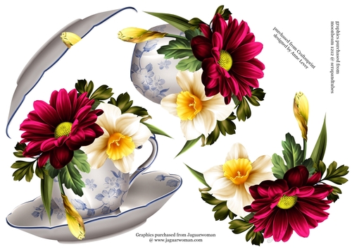 Floral Teacup & Saucer Decoupage Sheet - Chrysanthemum Spring