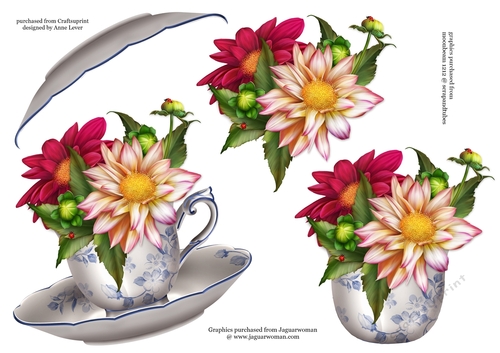 Floral Teacup & Saucer Decoupage Sheet - Dahlia Nouveau