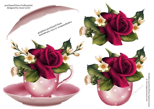Floral Teacup & Saucer Decoupage Sheet - Deep Pink Velvet Roses