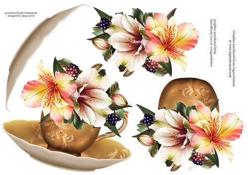 Floral Teacup & Saucer Decoupage Sheet - Peruvian Lilies