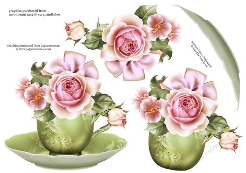 Floral Teacup & Saucer Decoupage Sheet - Pretty Pink Roses