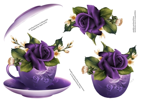 Floral Teacup & Saucer Decoupage Sheet - Purple Velvet Roses