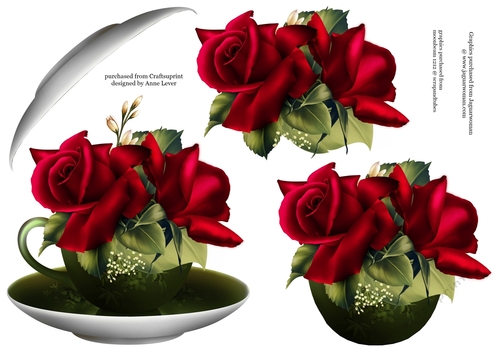 Floral Teacup & Saucer Decoupage Sheet - Red Velvet Roses