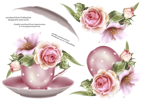 Floral Teacup & Saucer Decoupage Sheet - Roses & Lilies