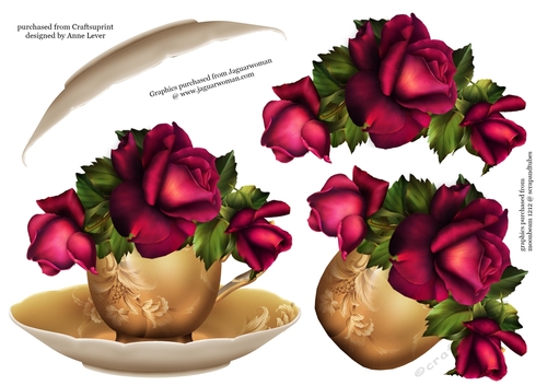 Floral Teacup & Saucer Decoupage Sheet - Passionara Roses
