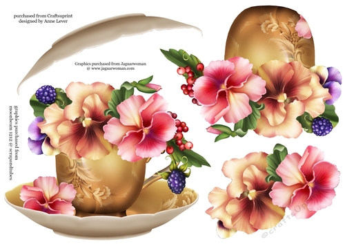 Floral Teacup & Saucer Decoupage Sheet - Pink & Peach Pansies