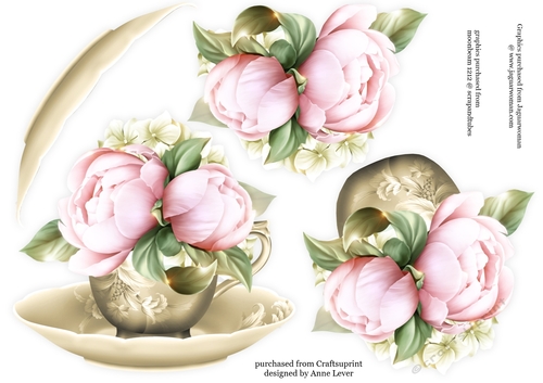 Floral Teacup & Saucer Decoupage Sheet - Pink Peony