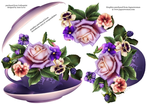 Floral Teacup & Saucer Decoupage Sheet - Purple Pansies & Roses