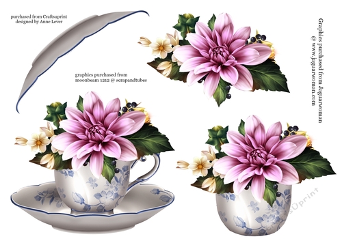 Floral Teacup & Saucer Decoupage Sheet - Beautiful Dahlias
