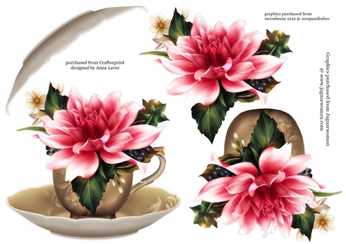 Floral Teacup & Saucer Decoupage Sheet - Pink Dahlia