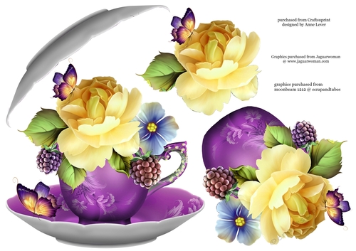 Floral Teacup & Saucer Decoupage Sheet - Yellow Roses