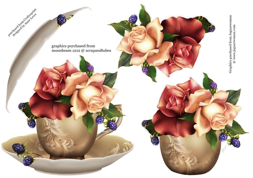 Floral Teacup & Saucer Decoupage Sheet - August Mood Roses