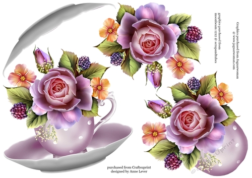 Floral Teacup & Saucer Decoupage Sheet - English Roses