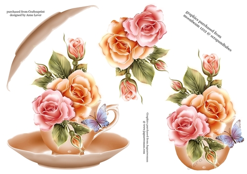 Floral Teacup & Saucer Decoupage Sheet - Glow Roses