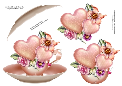 Floral Teacup & Saucer Decoupage Sheet - Hearts & Flowers