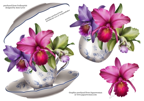 Floral Teacup & Saucer Decoupage Sheet - Orchids