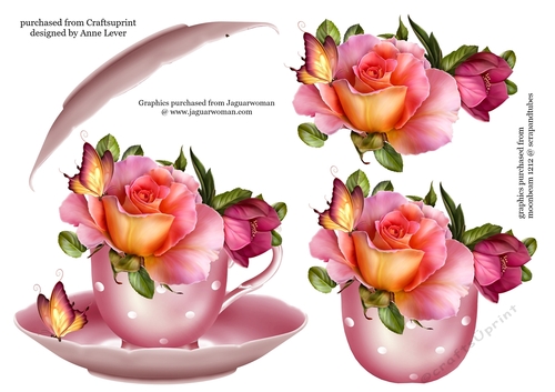 Floral Teacup & Saucer Decoupage Sheet - Peach Roses