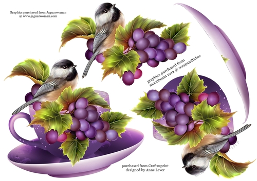 Floral Teacup & Saucer Decoupage Sheet - Bird & Purple Grapes