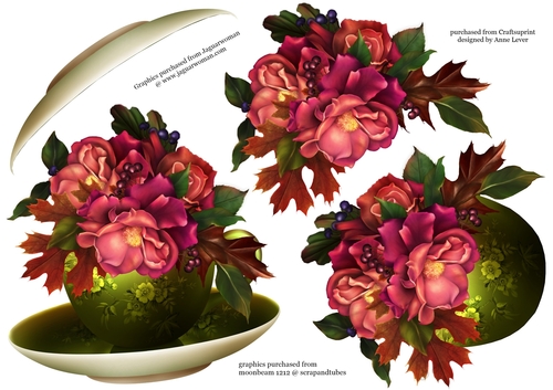 Floral Teacup & Saucer Decoupage Sheet - Autumnal Roses