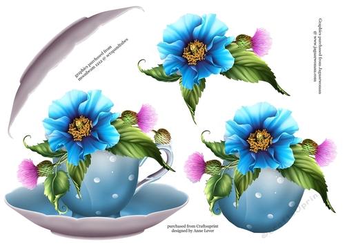 Floral Teacup & Saucer Decoupage Sheet - Blue Poppies