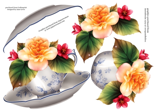Floral Teacup & Saucer Decoupage Sheet - Peach Begonias