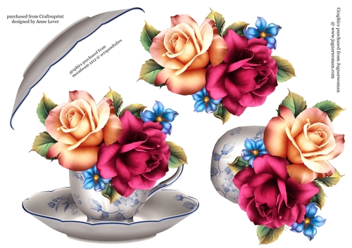 Floral Teacup & Saucer Decoupage Sheet - Summer Roses