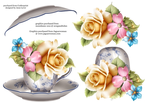Floral Teacup & Saucer Decoupage Sheet - Yellow Summer Roses