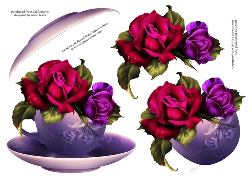 Floral Teacup & Saucer Decoupage Sheet - Valentine Roses