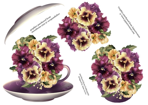 Floral Teacup & Saucer Decoupage Sheet - Muted Pansies