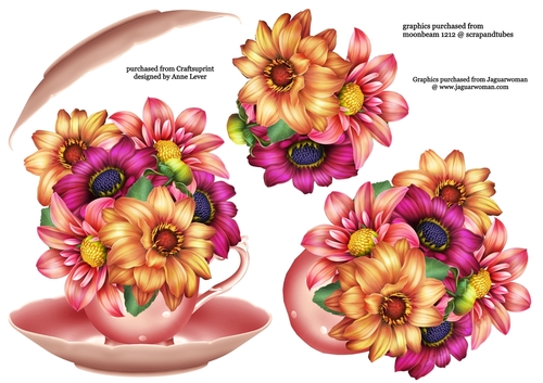 Floral Teacup & Saucer Decoupage Sheet - Delightful Dahlias