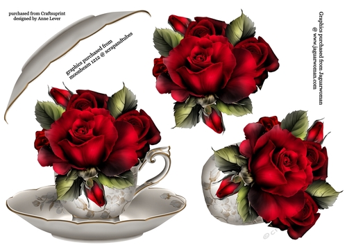 Floral Teacup & Saucer Decoupage Sheet - Drama Roses