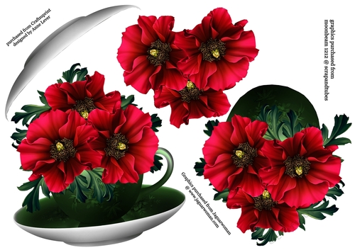 Floral Teacup & Saucer Decoupage Sheet - Poppies