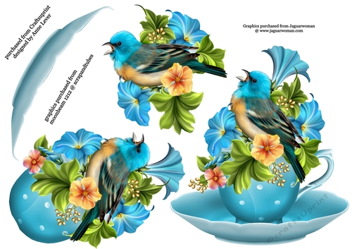 Floral Teacup & Saucer Decoupage Sheet - Bluebird