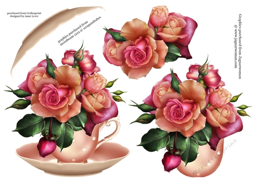 Floral Teacup & Saucer Decoupage Sheet - Persian Roses