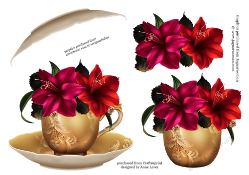 Floral Teacup & Saucer Decoupage Sheet - Hot Lilies
