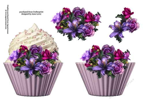 Floral cupcake Decoupage Sheet - Soft Gothic