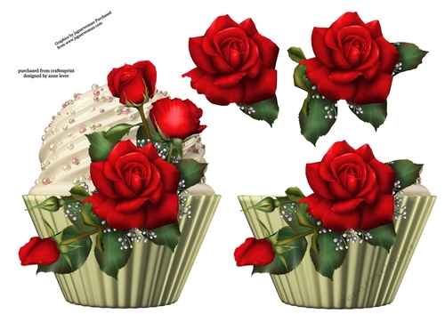 Floral cupcake Decoupage Sheet - Claires Red Roses