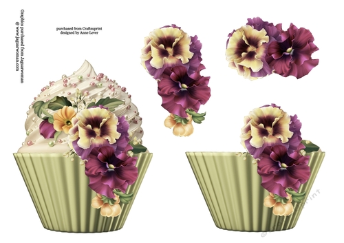 Floral cupcake Decoupage Sheet - Muted pansies
